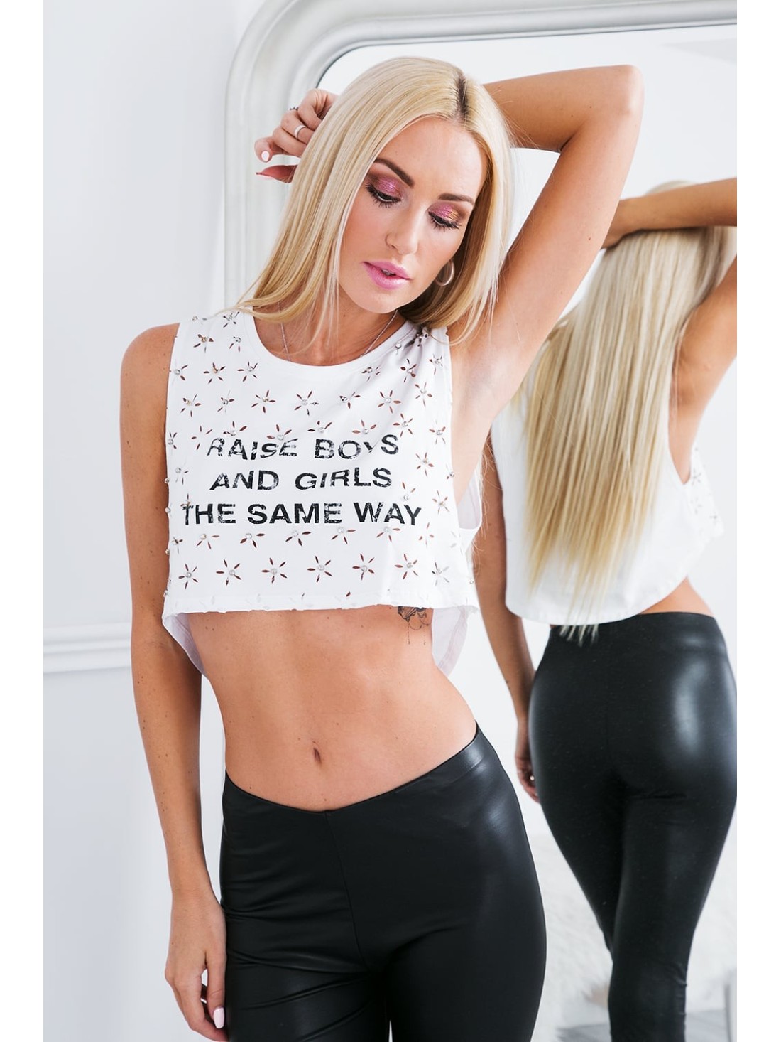 Asymmetrical short top with inscriptions, white ZZ1119 - Online store - Boutique